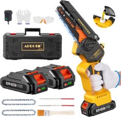 APROTII Mini Trononneuse à Batterie 8000mAh, 900W Brushless Scie à Batterie pour l'lagage, Tension de Chane Sans Outils, Trononneuse lectrique à Batterie pour la Coupe du Bois et Jardinage